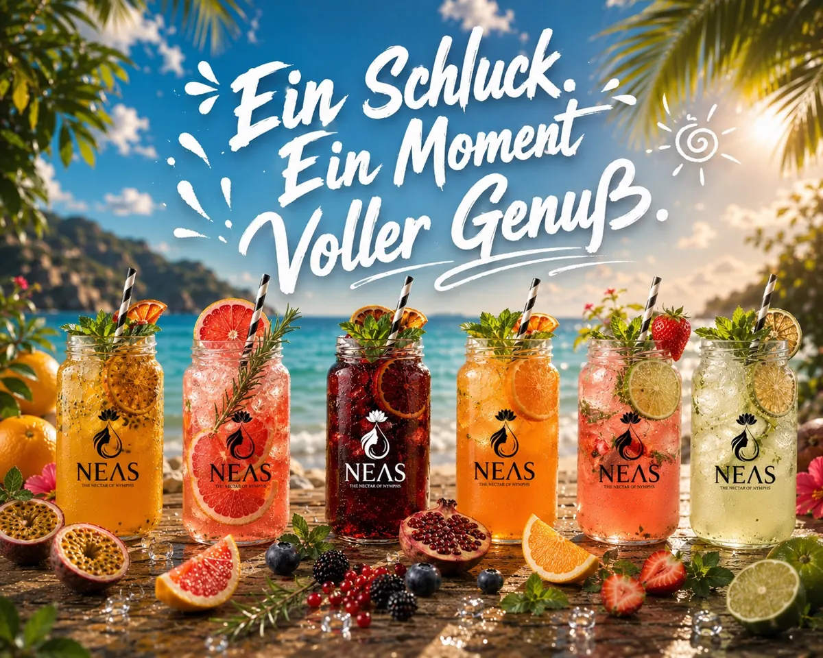 Sechs NEAS-Drinks in Einmachgläsern am Strand mit dem Schriftzug „Ein Schluck. Ein Moment. Voller Genuß.“